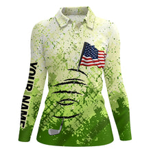 Load image into Gallery viewer, Personalized green camo golf polos shirt for women American flag 4th July custom gifts for golf lovers NQS5548