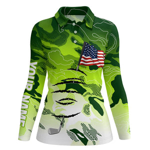 Personalized green camo golf polos shirt for women American flag 4th July custom gifts for golf lovers NQS5549