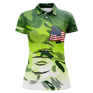 Personalized green camo golf polos shirt for women American flag 4th July custom gifts for golf lovers NQS5549