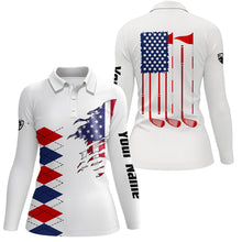 Load image into Gallery viewer, Personalized white golf polos shirt for women American flag 4th July custom ladies golf tops NQS5555