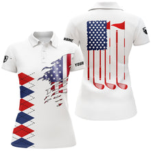 Load image into Gallery viewer, Personalized white golf polos shirt for women American flag 4th July custom ladies golf tops NQS5555