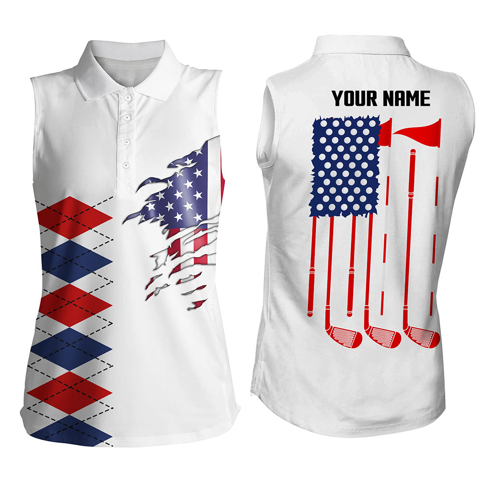 Personalized white sleeveless polo shirt for women American flag 4th July custom ladies golf tops NQS5555