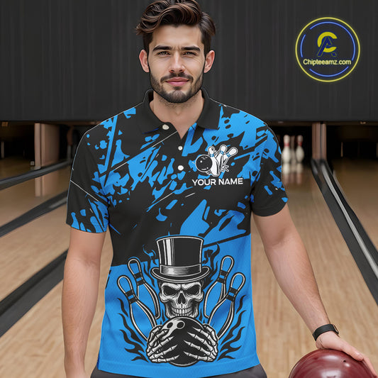 Black and Blue Camo Skull Bowling Polo, Quarter Zip Shirt for Men Custom Skull Team bowling jersey NQS10007
