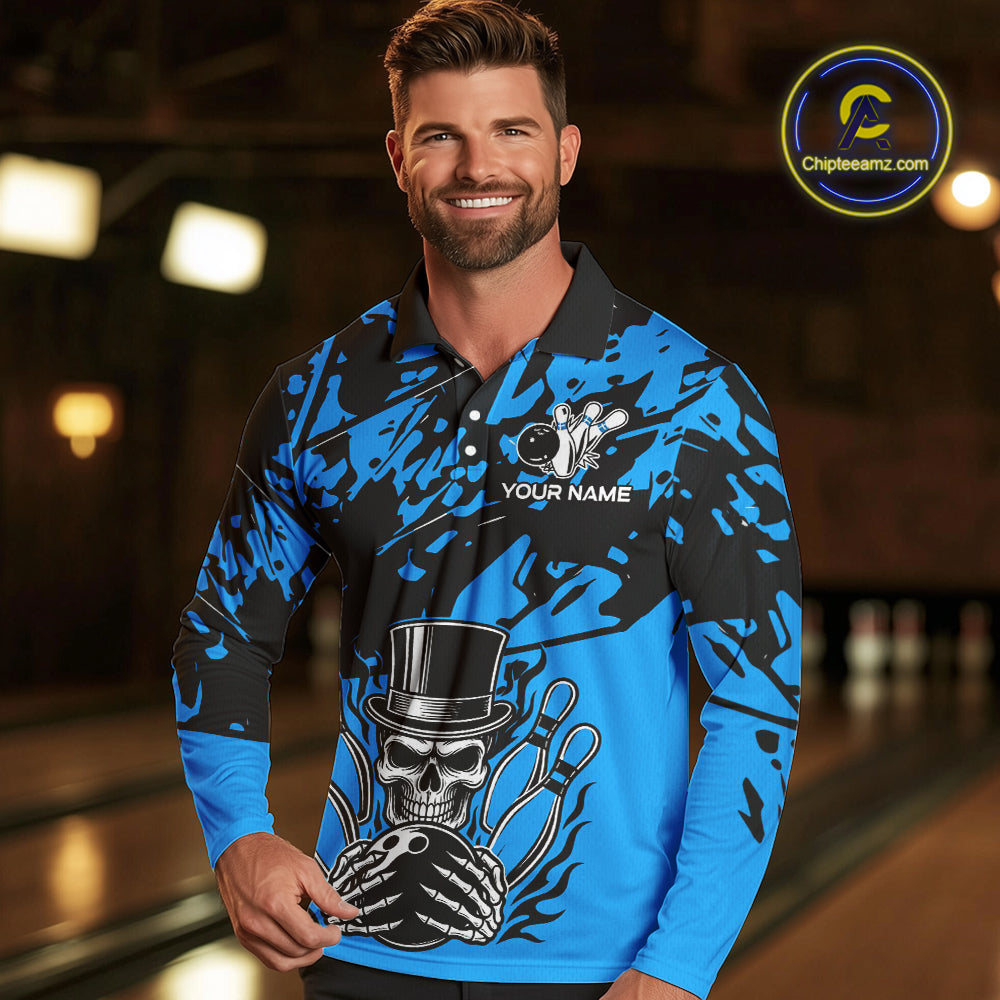 Black and Blue Camo Skull Bowling Polo, Quarter Zip Shirt for Men Custom Skull Team bowling jersey NQS10007