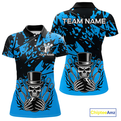 Black and Blue Camo Skull Bowling Polo, Quarter Zip Shirt for Women Custom Skull Team bowling jersey NQS10007