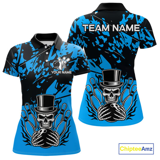 Black and Blue Camo Skull Bowling Polo, Quarter Zip Shirt for Women Custom Skull Team bowling jersey NQS10007