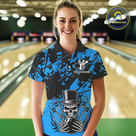 Black and Blue Camo Skull Bowling Polo, Quarter Zip Shirt for Women Custom Skull Team bowling jersey NQS10007