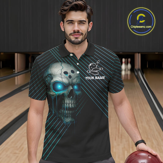 Black and Blue Skull Bowling Polo, Quarter Zip Shirts For Men Custom Bowling Team Jerseys Outfits NQS10171