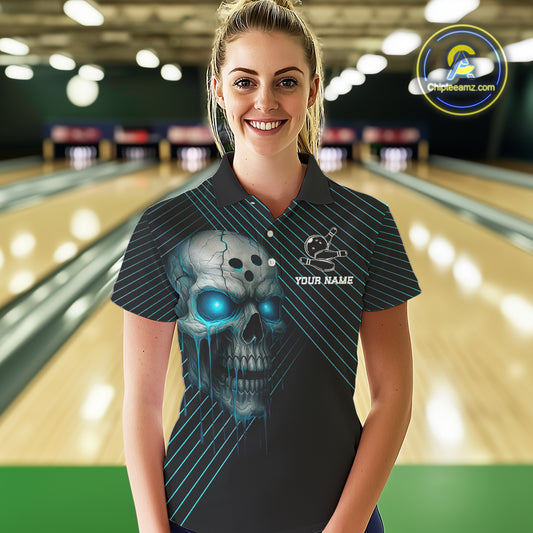 Black and Blue Skull Bowling Polo, Quarter Zip Shirts For Women Custom Bowling Team Jerseys Outfits NQS10171