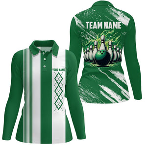 Green and White Argyle Flame bowling Women Polo, 1/4 Quarter Zip Shirts Custom bowling team jerseys NQS8110