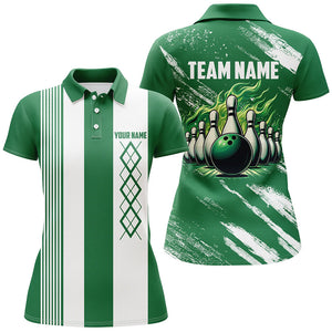 Green and White Argyle Flame bowling Women Polo, 1/4 Quarter Zip Shirts Custom bowling team jerseys NQS8110