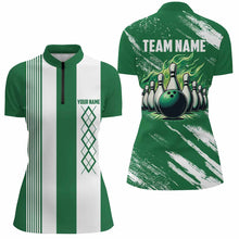 Load image into Gallery viewer, Green and White Argyle Flame bowling Women Polo, 1/4 Quarter Zip Shirts Custom bowling team jerseys NQS8110