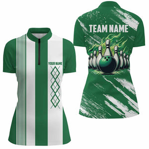 Green and White Argyle Flame bowling Women Polo, 1/4 Quarter Zip Shirts Custom bowling team jerseys NQS8110