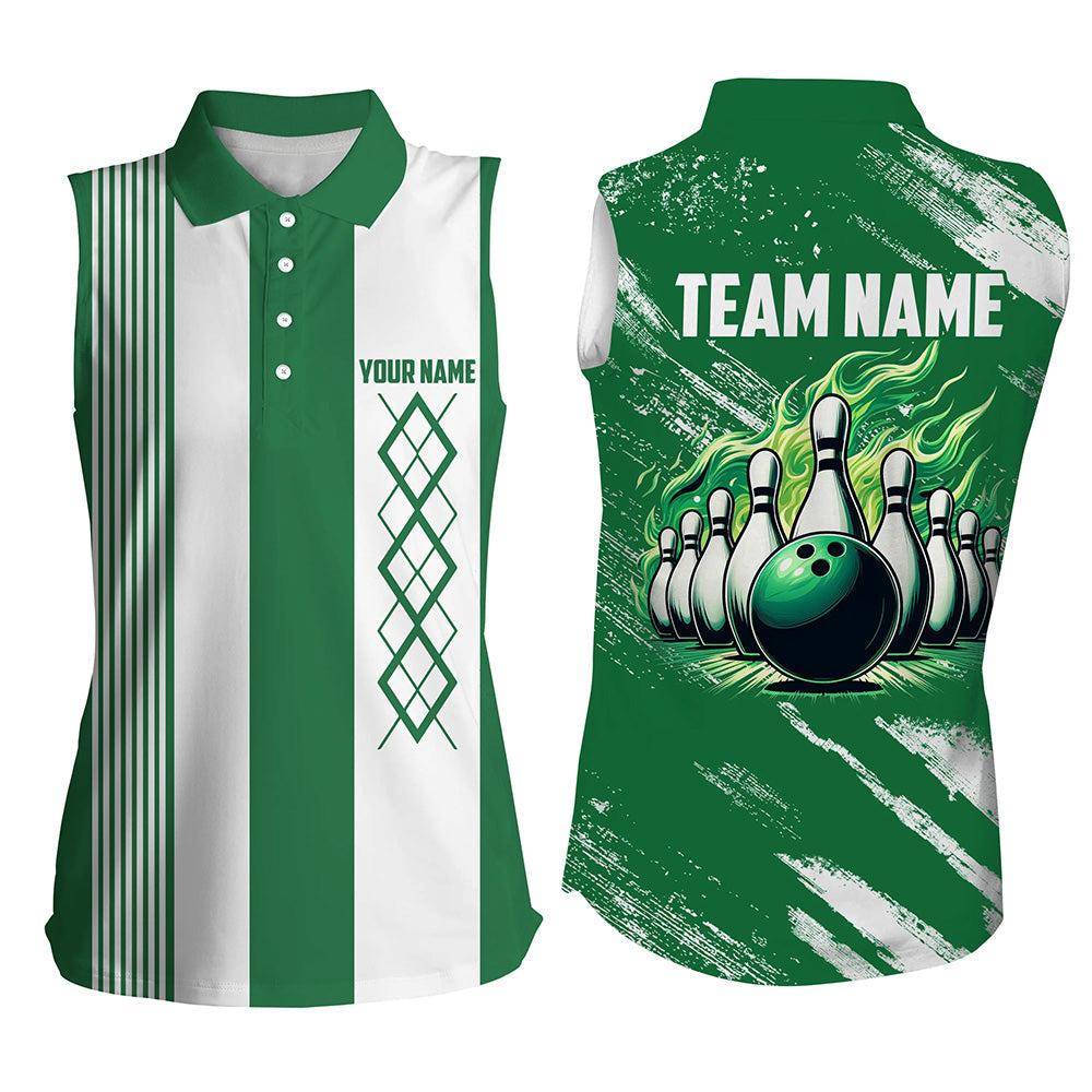 Green and White Argyle Flame bowling Women Sleeveless Polo Shirts Custom bowling team jerseys NQS8110