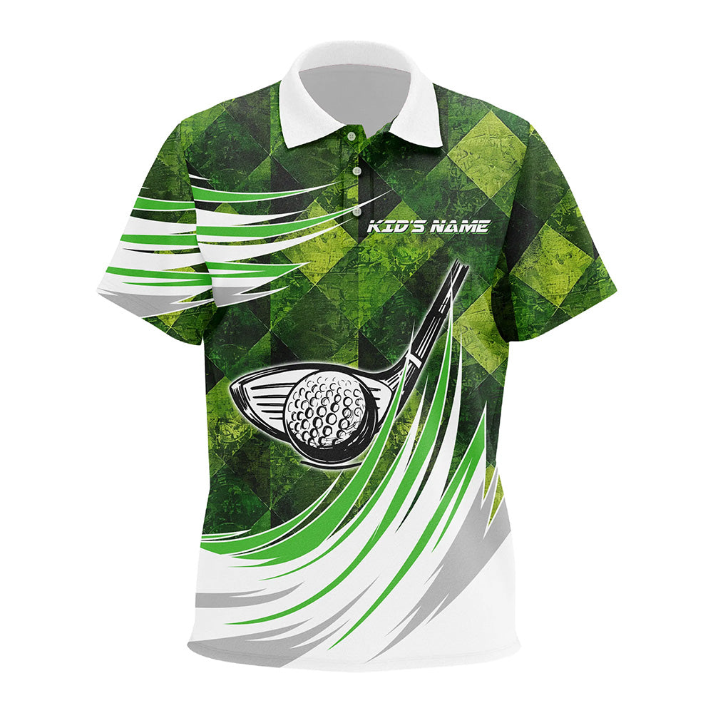 Green argyle pattern golf ball clubs Kid golf polo shirts custom Kid golf outfit, gifts for golfer NQS8112