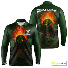 Load image into Gallery viewer, Custom Halloween Bowling Shirt For Men Green Flame Skull, personalized bowling shirts for team bowler NQS10312