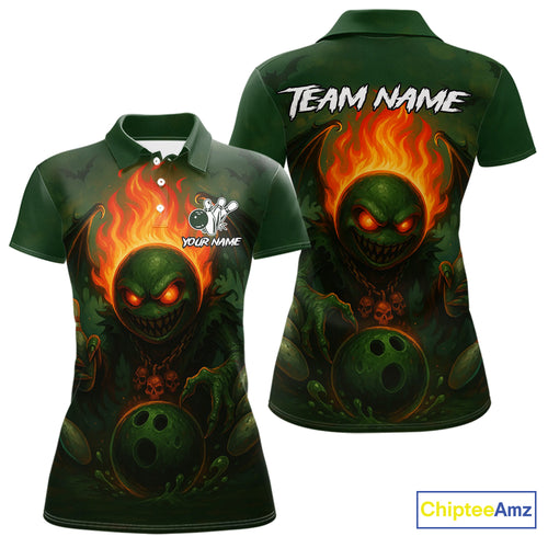 Custom Halloween Bowling Shirt For Women Green Flame Skull, personalized bowling shirts for team NQS10312