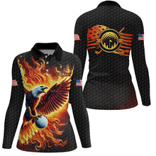 Load image into Gallery viewer, Womens golf polo shirts custom American Flag Eagle Flame golf tops, black golf outfit for women NQS8332