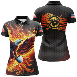 Womens golf polo shirts custom American Flag Eagle Flame golf tops, black golf outfit for women NQS8332