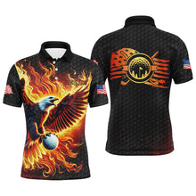 Load image into Gallery viewer, Mens golf polo shirts custom American Flag Eagle Flame golf tops, black golf outfit for mens NQS8332