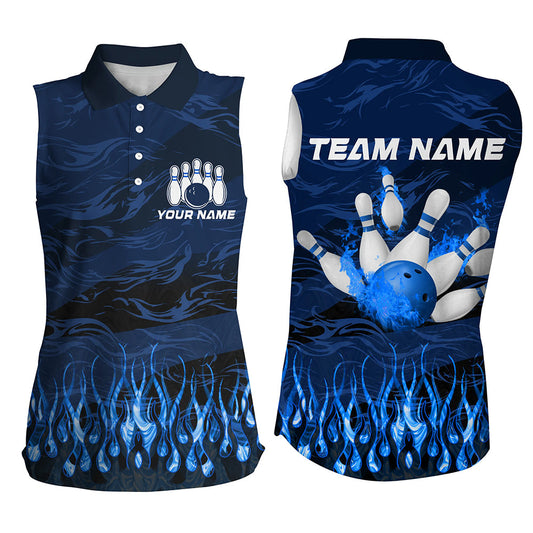 Women sleeveless polo shirts Custom Blue camo Flame Bowling Team Jerseys, gift for Bowlers NQS8548