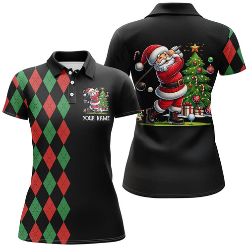 Red and Green argyle pattern black Womens golf polo shirt custom Christmas Santa golfer golf outfits NQS8786