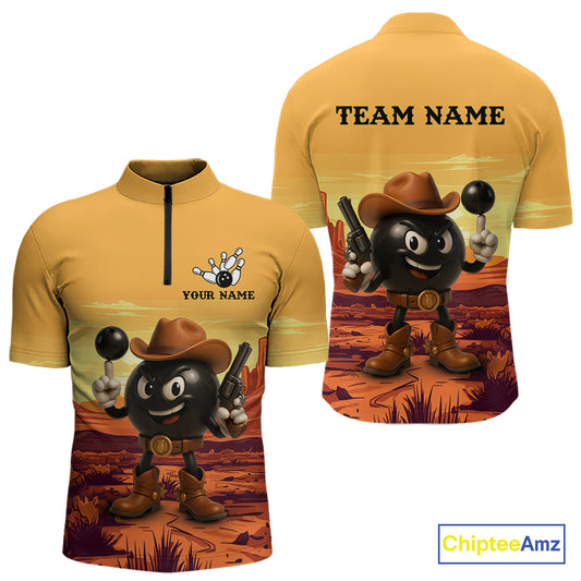 Funny Bowling Cowboy gun desert Mens Bowling Polo, 1/4 Zip Shirts Custom Funny bowling team jerseys NQS11127