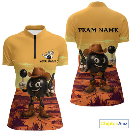 Funny Bowling Cowboy gun desert Womens Bowling Polo, 1/4 Zip Shirts Custom Funny bowling team jerseys NQS11127