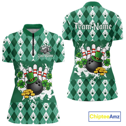 Argyle pattern St Patrick Green Bowling Polo, 1/4 zip shirts for Women Custom team bowling jerseys NQS11535