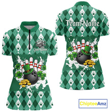 Load image into Gallery viewer, Argyle pattern St Patrick Green Bowling Polo, 1/4 zip shirts for Women Custom team bowling jerseys NQS11535