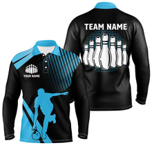 Load image into Gallery viewer, Black and Blue retro Bowling Polo Shirt for Men Custom Bowling ball and pins Team League Jersey NQS7532