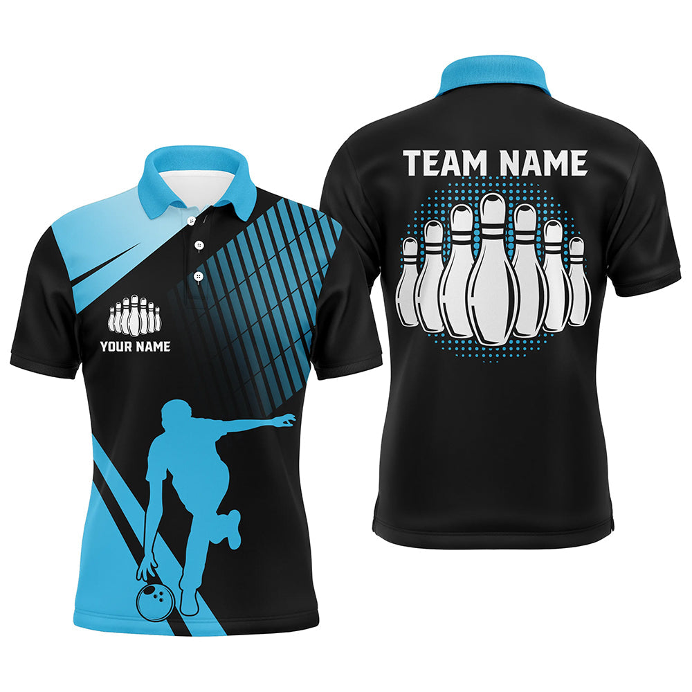 Black and Blue retro Bowling Polo Shirt for Men Custom Bowling ball and pins Team League Jersey NQS7532