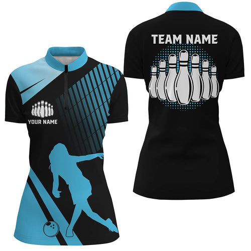 Black and Blue retro Bowling Quarter Zip Shirt for Women Custom Bowling ball and pins Team Jerseys NQS7532