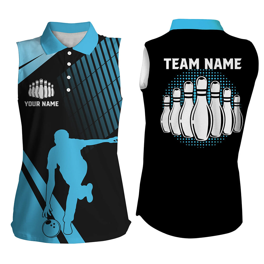Black and Blue retro Bowling Sleeveless Polo Shirt for Women Custom Bowling ball and pins Team Jersey NQS7532