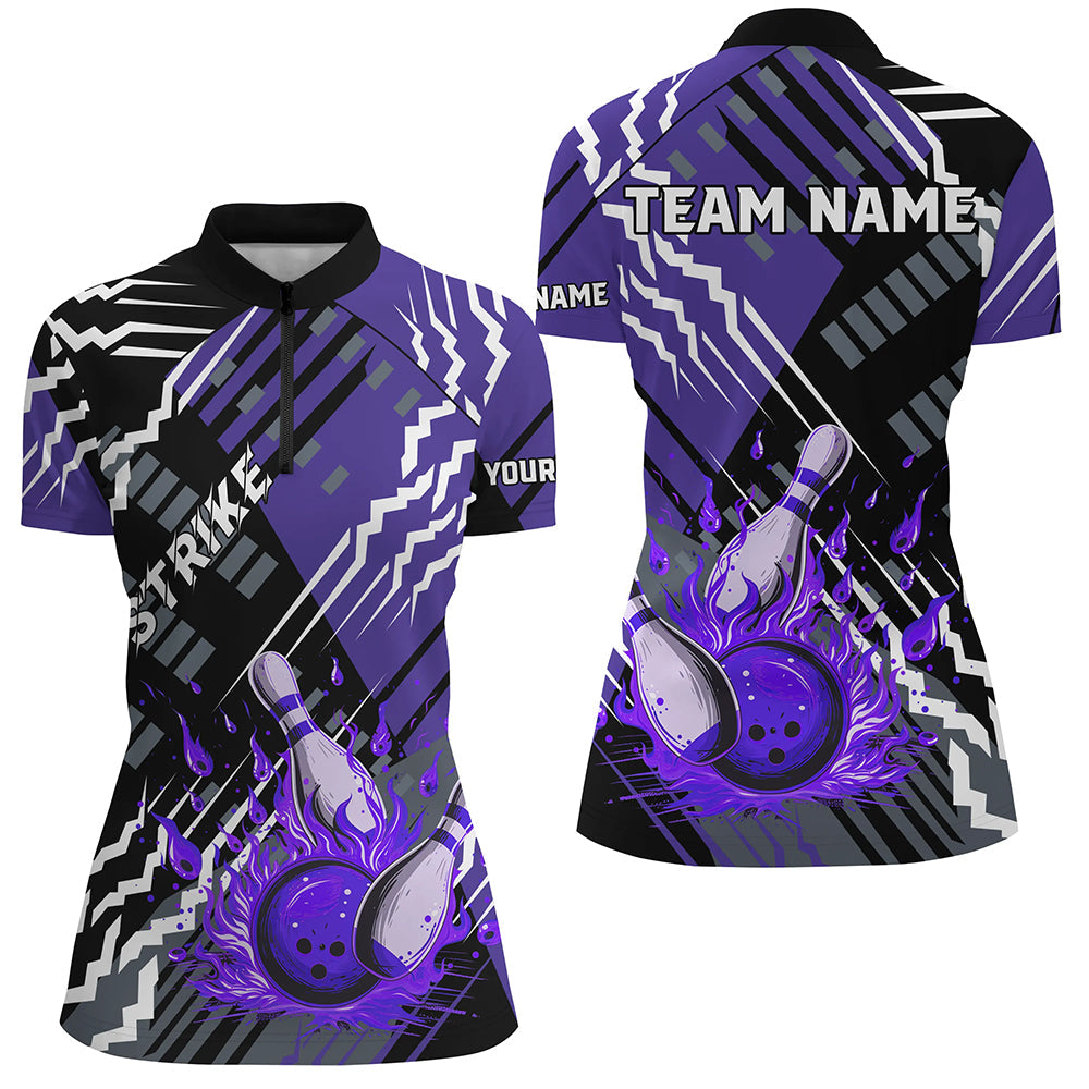 Black And Purple Strike Womens Bowling polo, quarter zip shirts Custom Bowling Jerseys For Bowlers NQS7675