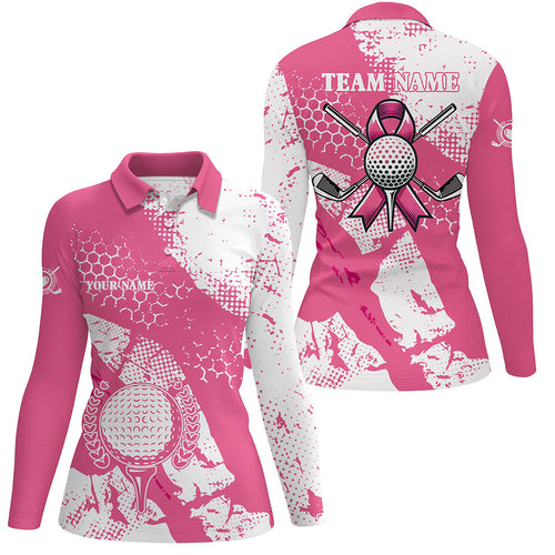 White & Pink ribbon retro Womens golf polo shirt custom breast cancer awareness golf shirts NQS8119