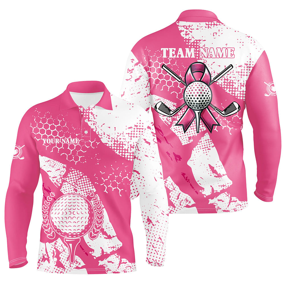 White & Pink ribbon retro Mens golf polo shirts custom breast cancer golf shirts, golf attire for men NQS8119