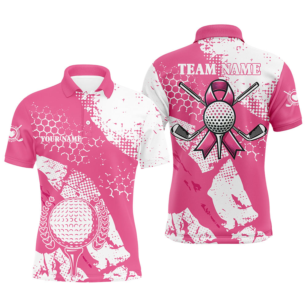 White & Pink ribbon retro Mens golf polo shirts custom breast cancer golf shirts, golf attire for men NQS8119