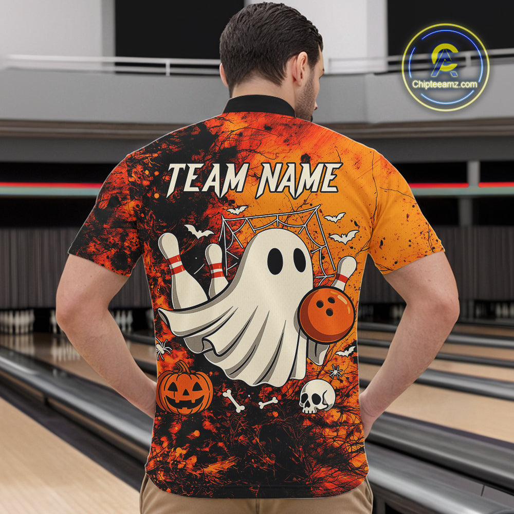 Custom Orange Boo Bowling Men Polo, Quarter Zip Shirts Bowling League Team Jerseys Halloween Outfits NQS10523