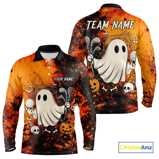 Custom Orange Halloween Boo Golf Polo Shirts for Men, Halloween Mens Golf Outfits NQS10524