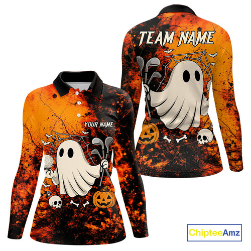 Custom Orange Halloween Boo Golf Polo Shirts for Women, Halloween Ladies Golf Outfits NQS10524