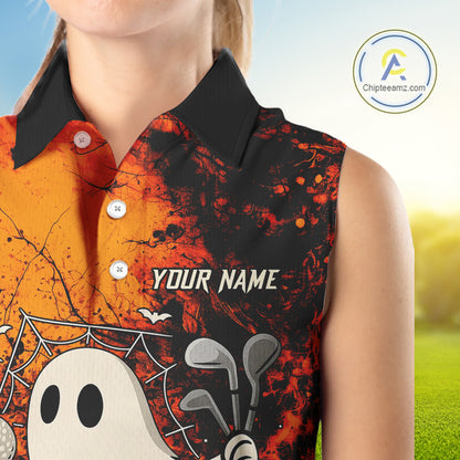 Custom Orange Halloween Boo Sleeveless polo shirt for Women, Halloween Ladies Golf Outfits NQS10524