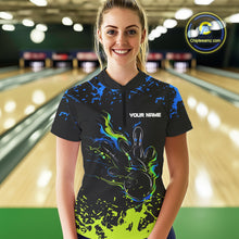 Load image into Gallery viewer, Personalized Black, Blue and Green Bowling Shirts For Women, Bowling Ball &amp; Pins Bowling Team Shirts NQS10741