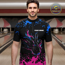 Load image into Gallery viewer, Personalized Black, Blue and Pink Bowling Shirts For Men, Bowling Balls And Pins Bowling Team Shirts NQS10742