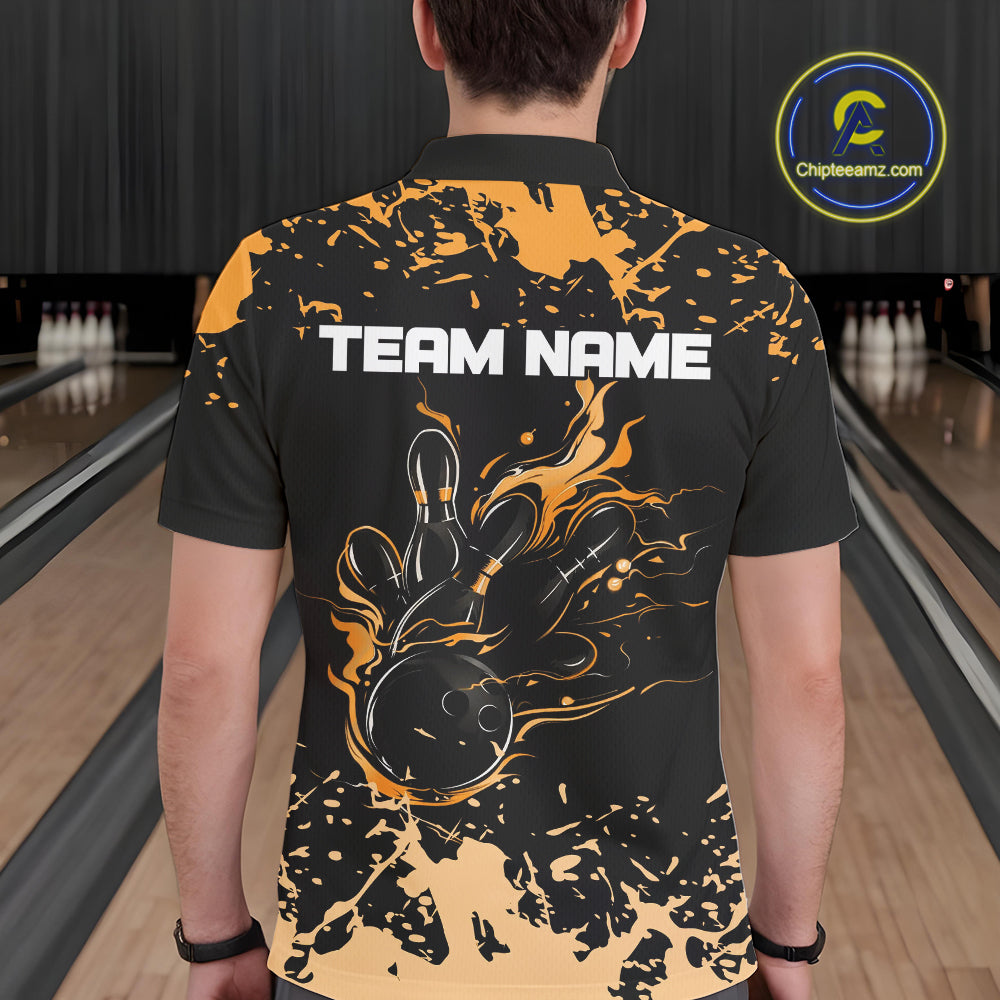Personalized Black and Orange Bowling Shirts For Men, Bowling Balls And Pins Bowling Team Shirts NQS10743
