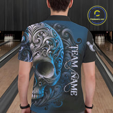 Load image into Gallery viewer, Blue and Black Skull Scroll Men Bowling Polo, Quarter Zip Shirts Custom Skull Team bowling Jersey NQS10939