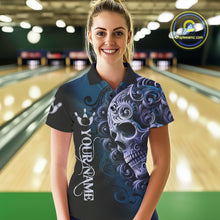 Load image into Gallery viewer, Blue and Black Skull Scroll Women Bowling Polo, Quarter Zip Shirts Custom Skull Team bowling Jersey NQS10939