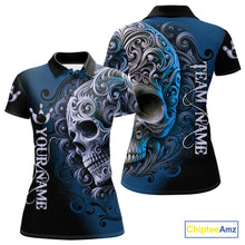 Load image into Gallery viewer, Blue and Black Skull Scroll Women Bowling Polo, Quarter Zip Shirts Custom Skull Team bowling Jersey NQS10939