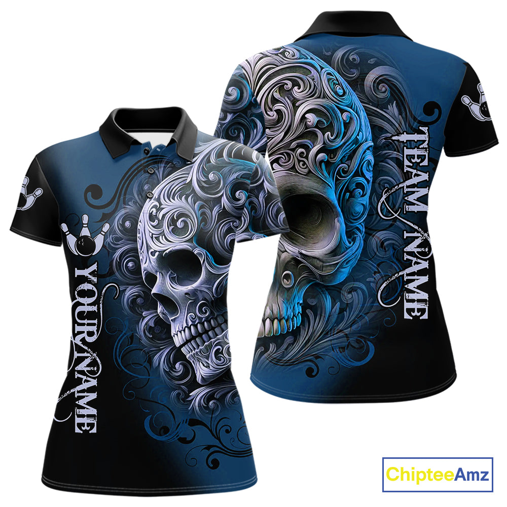 Blue and Black Skull Scroll Women Bowling Polo, Quarter Zip Shirts Custom Skull Team bowling Jersey NQS10939