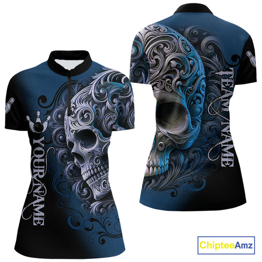 Blue and Black Skull Scroll Women Bowling Polo, Quarter Zip Shirts Custom Skull Team bowling Jersey NQS10939